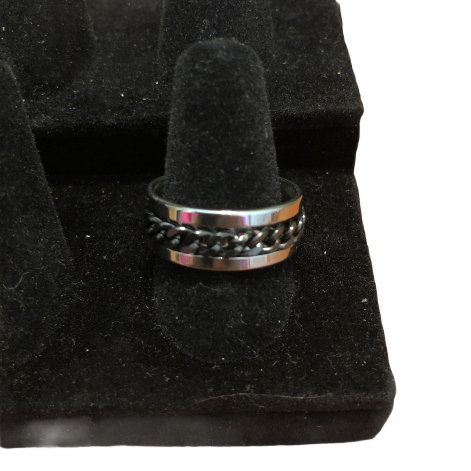 Stainless Steel Chain Black Spinner Ring Silver Tone Sizes 8-11 Wedding Band