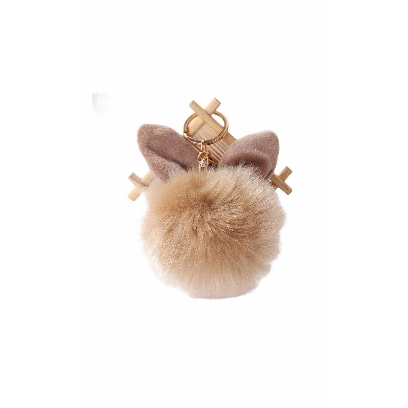 Tortilla Brown Bunny Ears Fur Ball Keychain Charm With Plush Key Holder