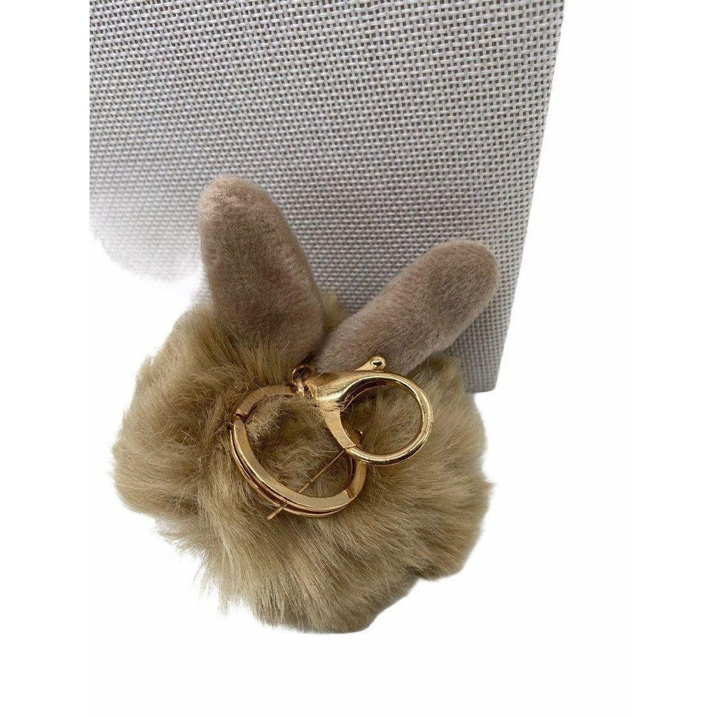 Tortilla Brown Bunny Ears Fur Ball Keychain Charm With Plush Key Holder