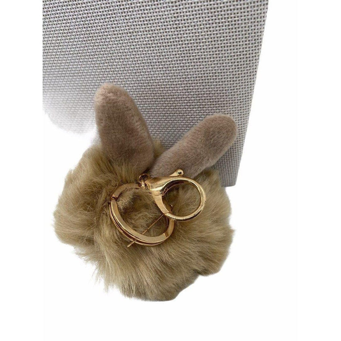 Tortilla Brown Bunny Ears Fur Ball Keychain Charm With Plush Key Holder