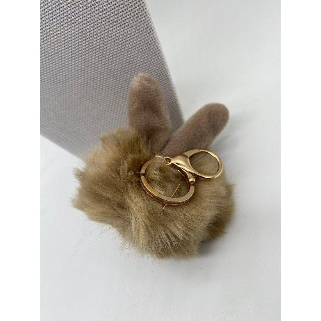 Tortilla Brown Bunny Ears Fur Ball Keychain Charm With Plush Key Holder