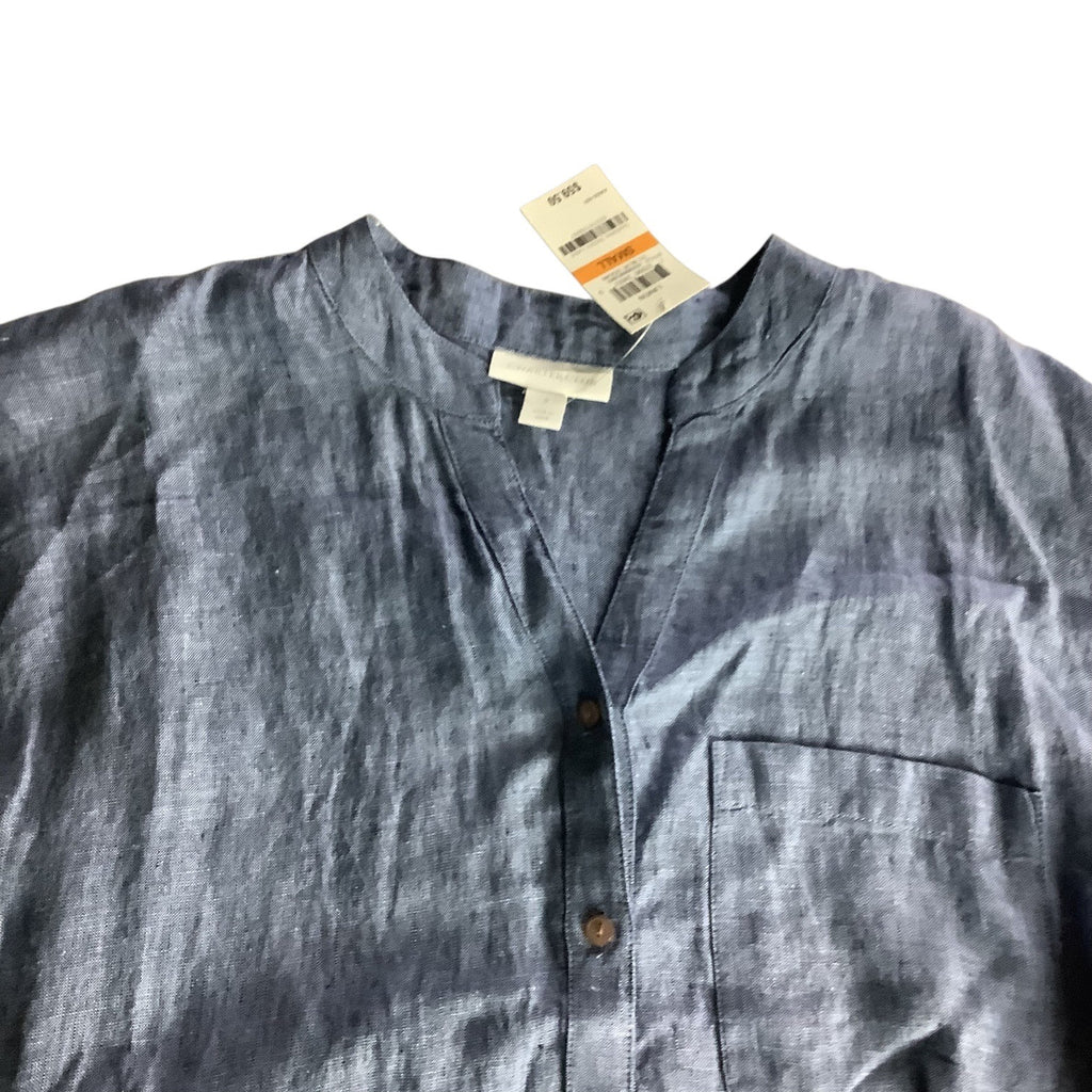Charter Club Womens Button Up Tie Front Linen Shirt Solid Blue Ocean Small