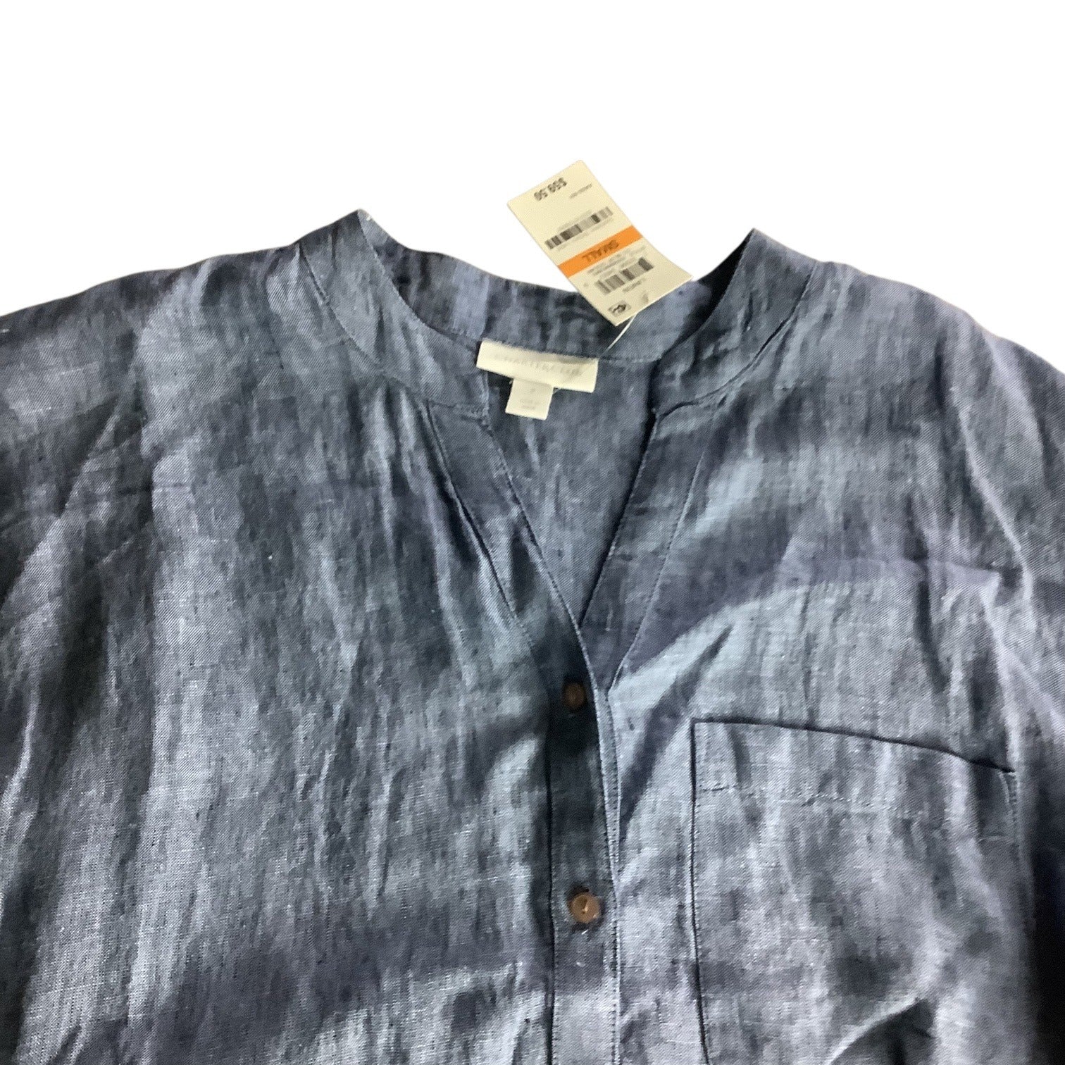 Charter Club Womens Button Up Tie Front Linen Shirt Solid Blue Ocean Small