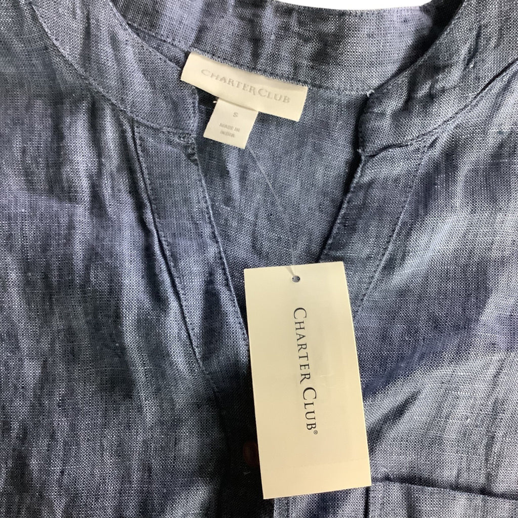 Charter Club Womens Button Up Tie Front Linen Shirt Solid Blue Ocean Small