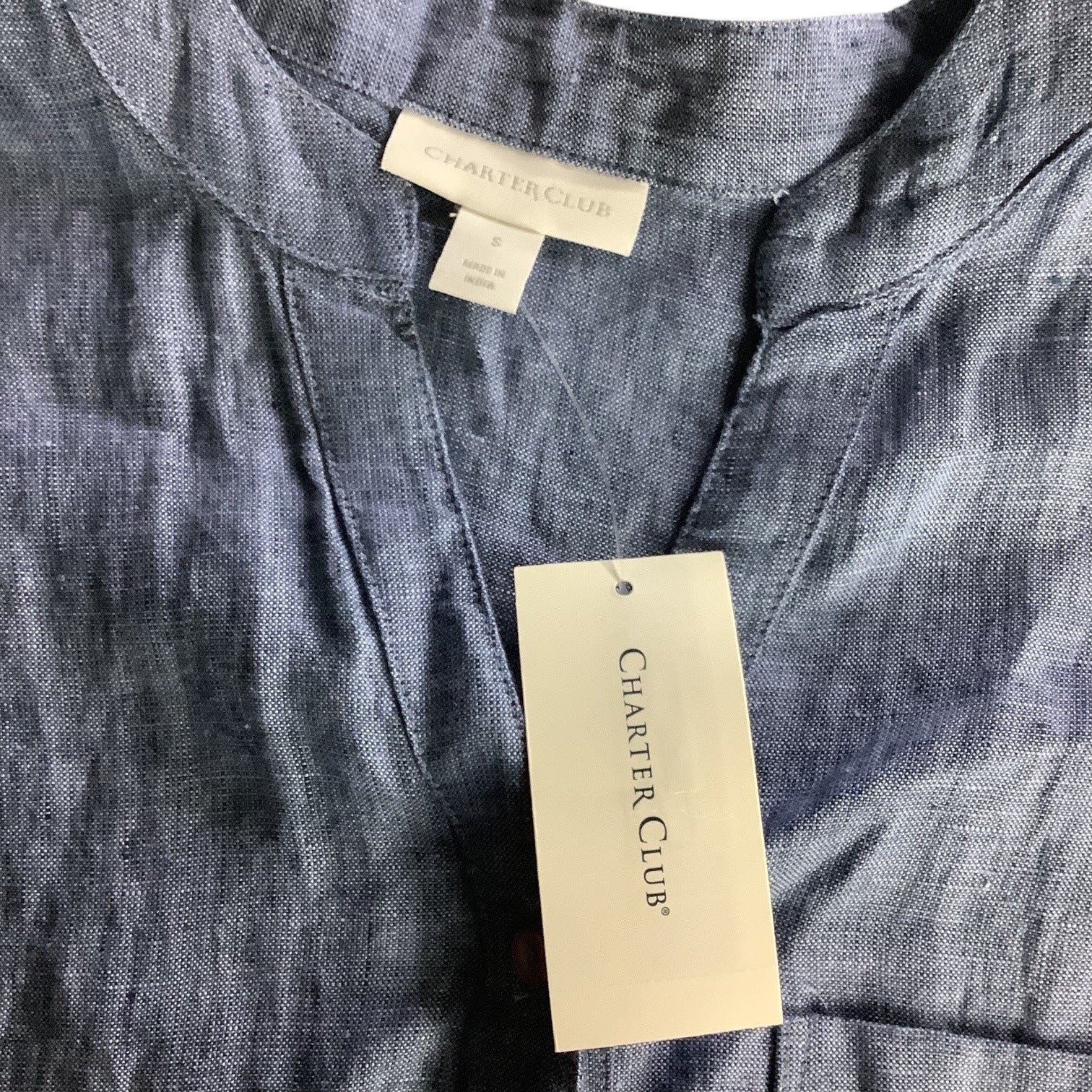 Charter Club Womens Button Up Tie Front Linen Shirt Solid Blue Ocean Small
