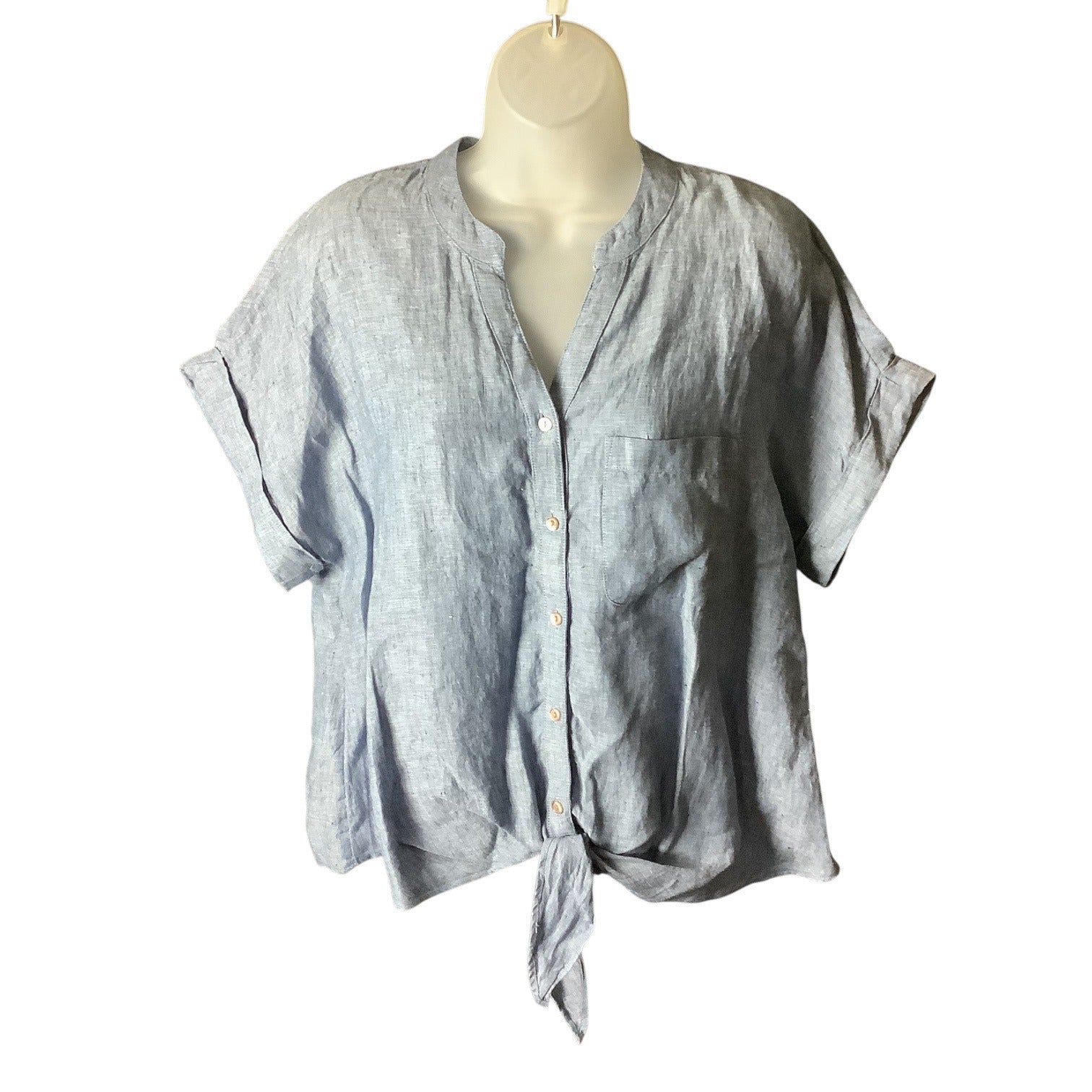 Charter Club Womens Button Up Tie Front Linen Shirt Solid Blue Ocean Small