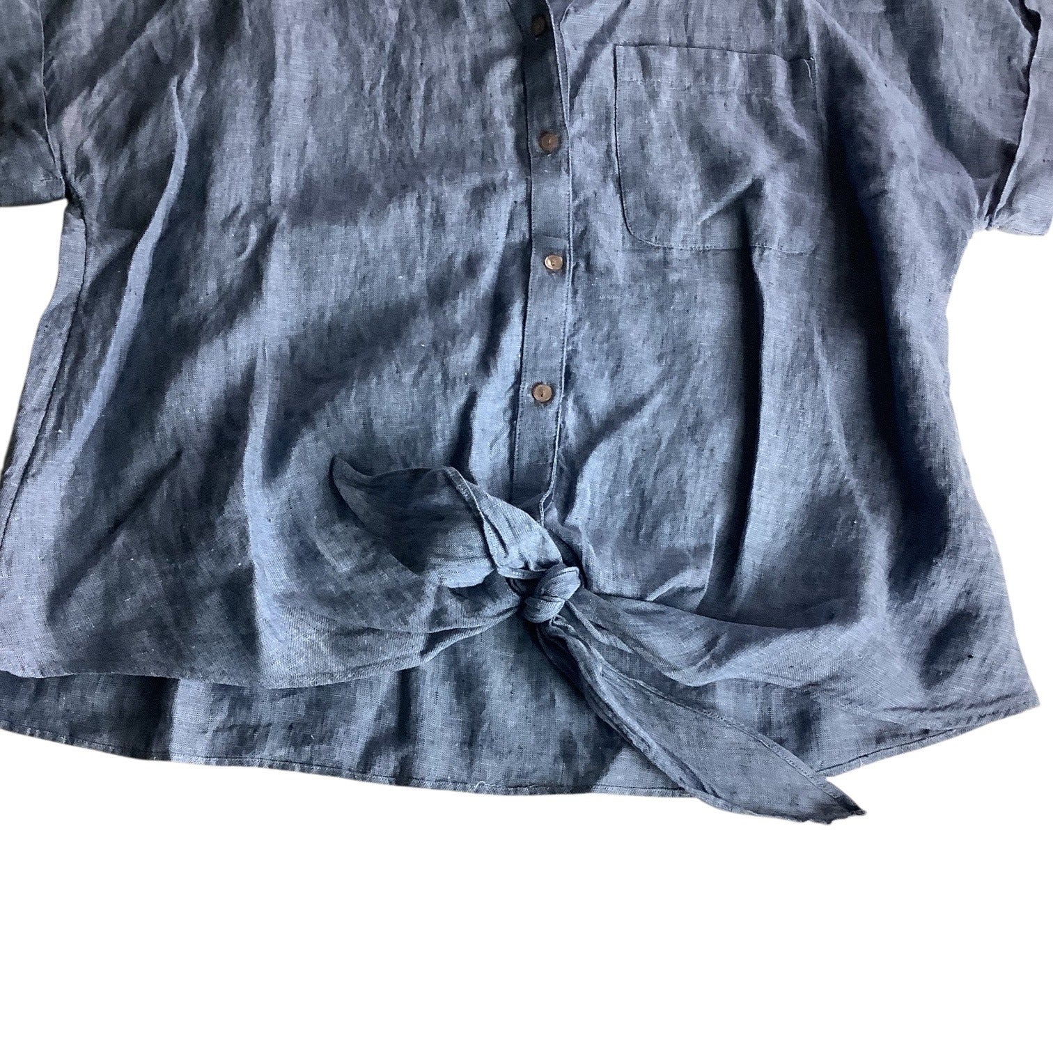 Charter Club Womens Button Up Tie Front Linen Shirt Solid Blue Ocean Small