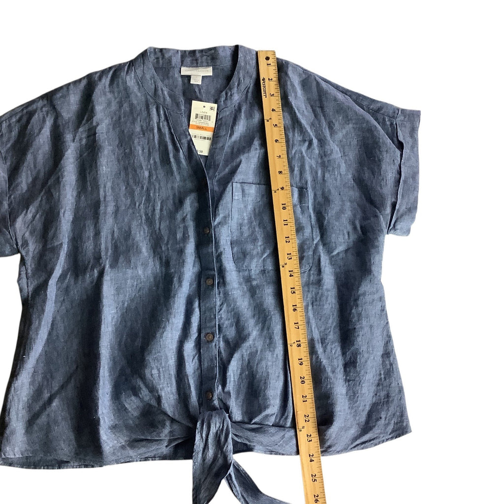 Charter Club Womens Button Up Tie Front Linen Shirt Solid Blue Ocean Small
