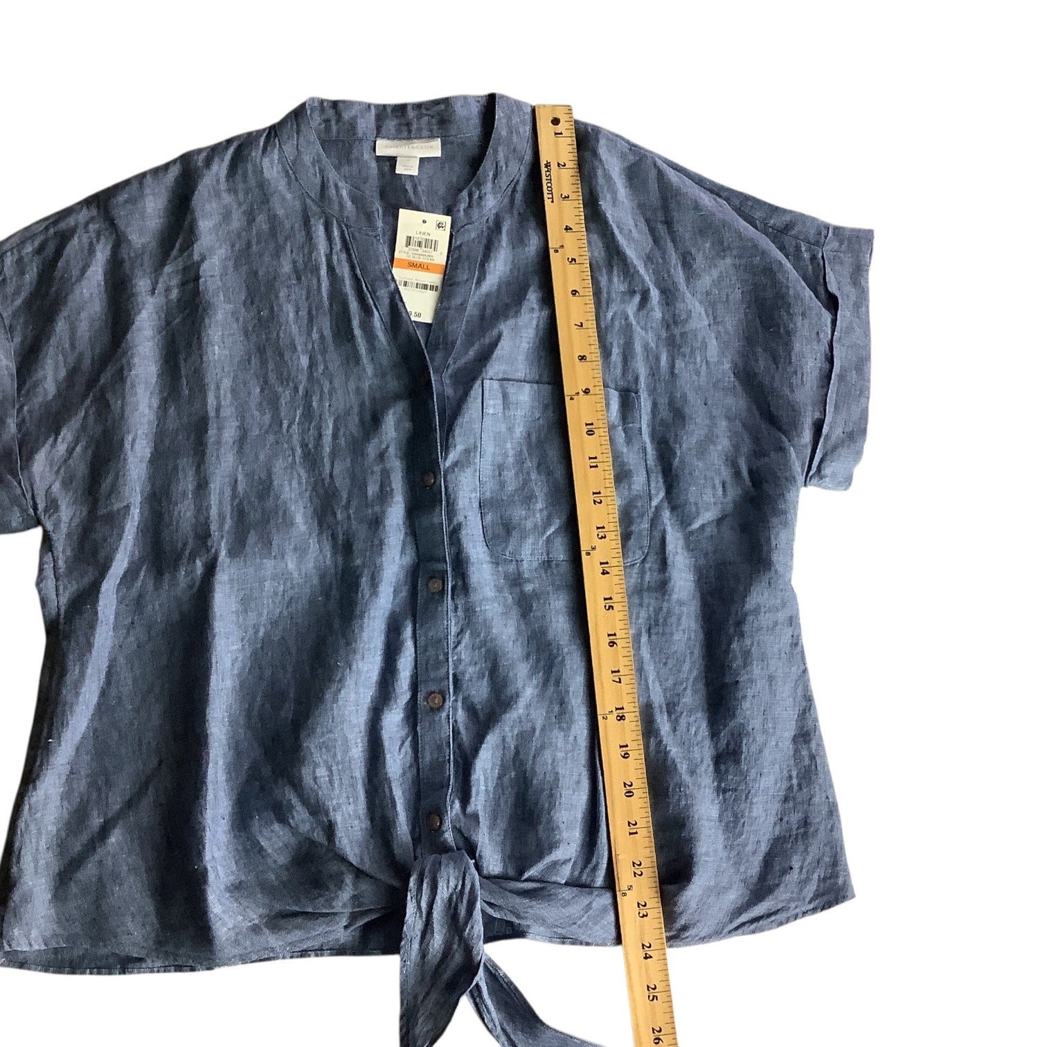 Charter Club Womens Button Up Tie Front Linen Shirt Solid Blue Ocean Small