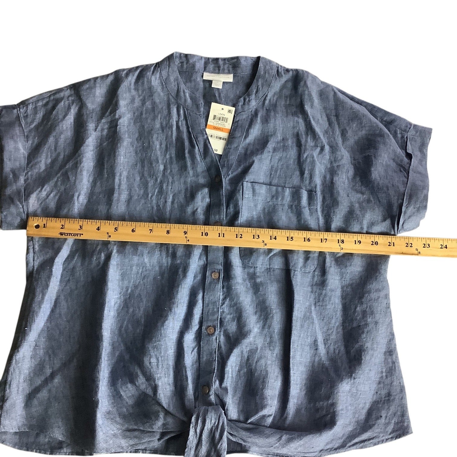 Charter Club Womens Button Up Tie Front Linen Shirt Solid Blue Ocean Small