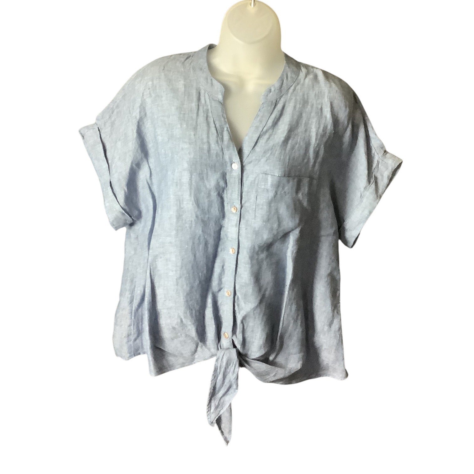 Charter Club Womens Button Up Tie Front Linen Shirt Solid Blue Ocean Small