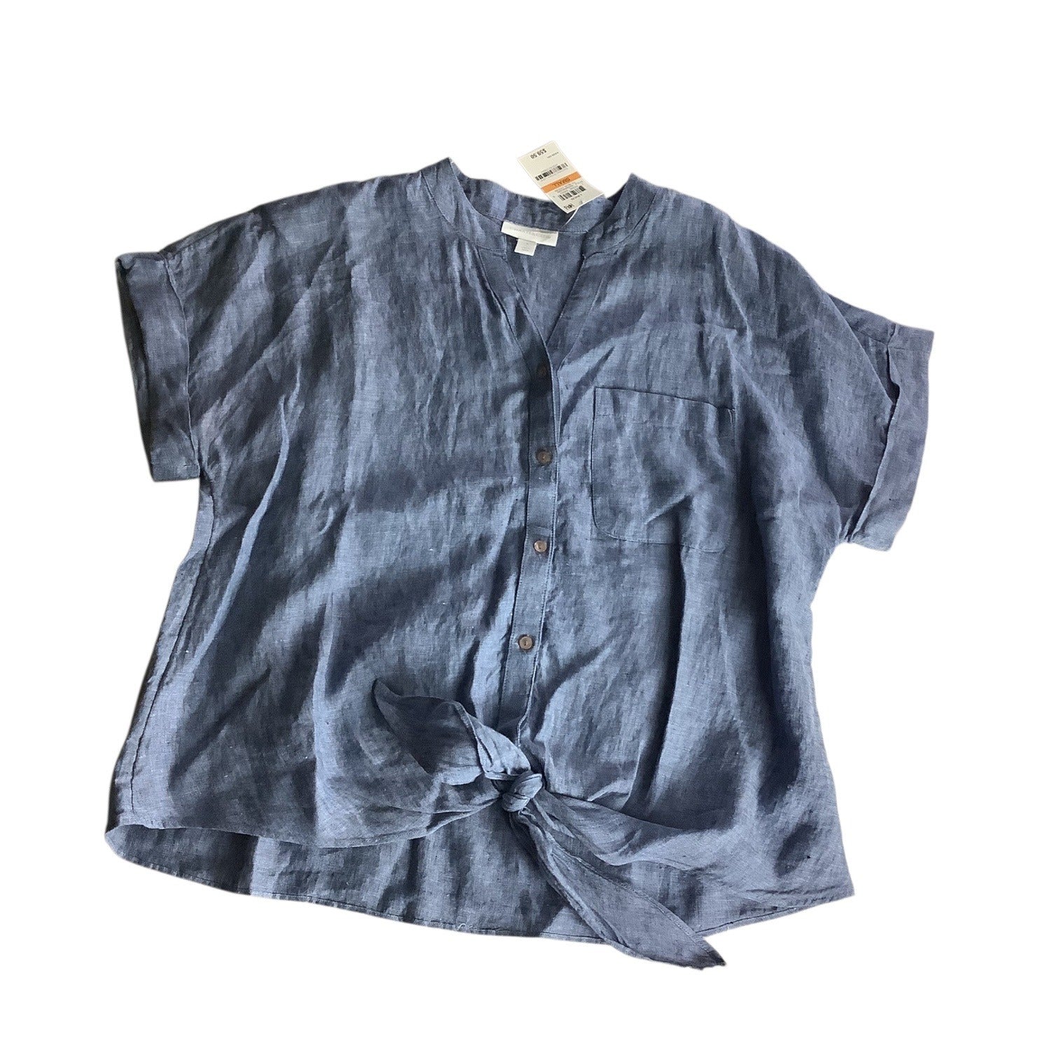 Charter Club Womens Button Up Tie Front Linen Shirt Solid Blue Ocean Small