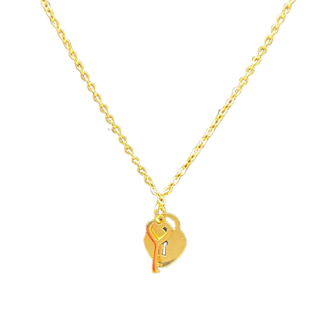 Mini Heart & Lock Chain Necklace Gold Tone Titanium Steel Adjustable