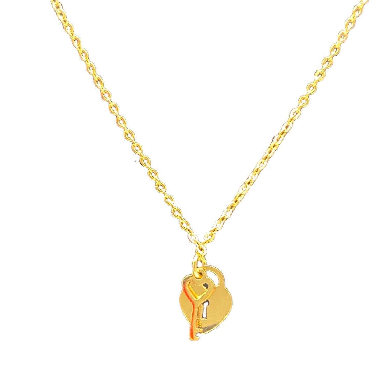 Mini Heart & Lock Chain Necklace Gold Tone Titanium Steel Adjustable
