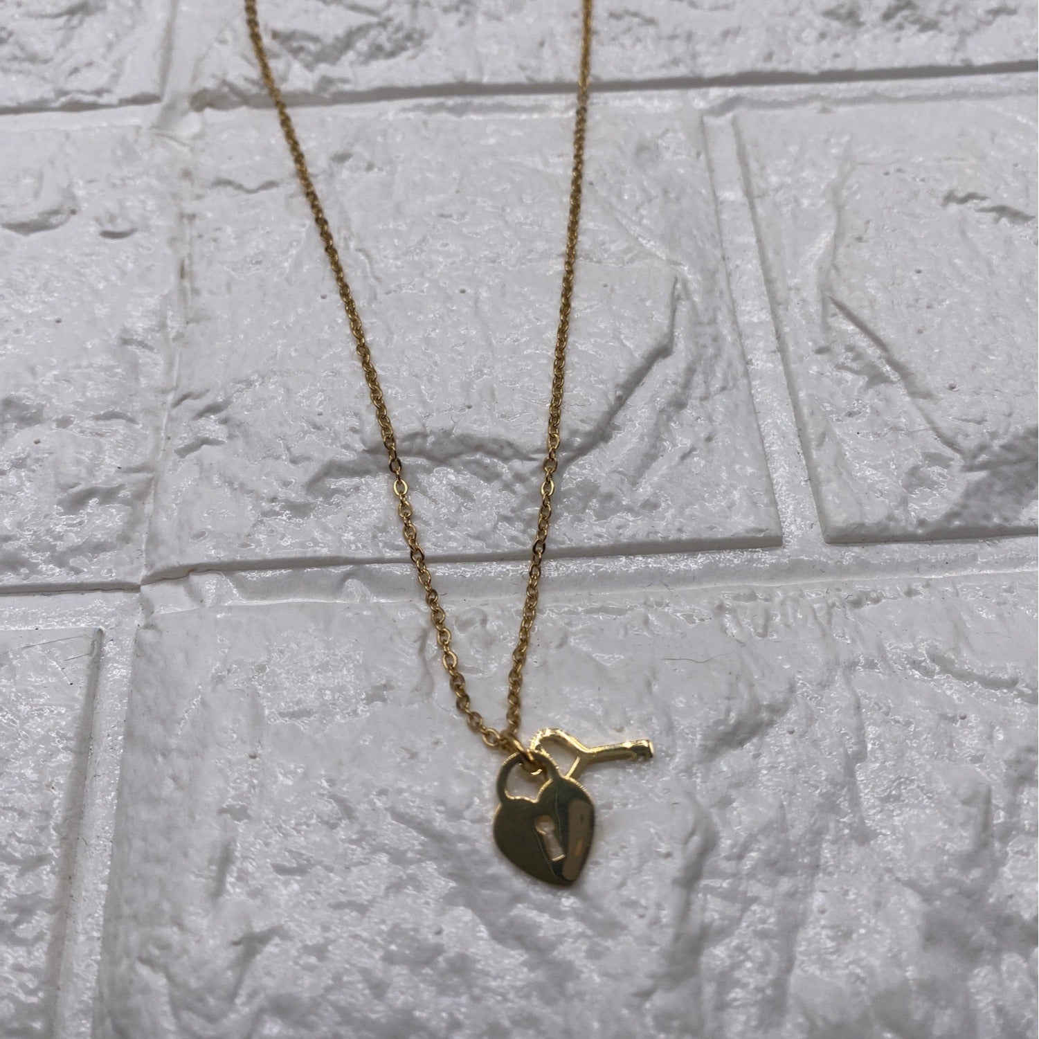 Mini Heart & Lock Chain Necklace Gold Tone Titanium Steel Adjustable