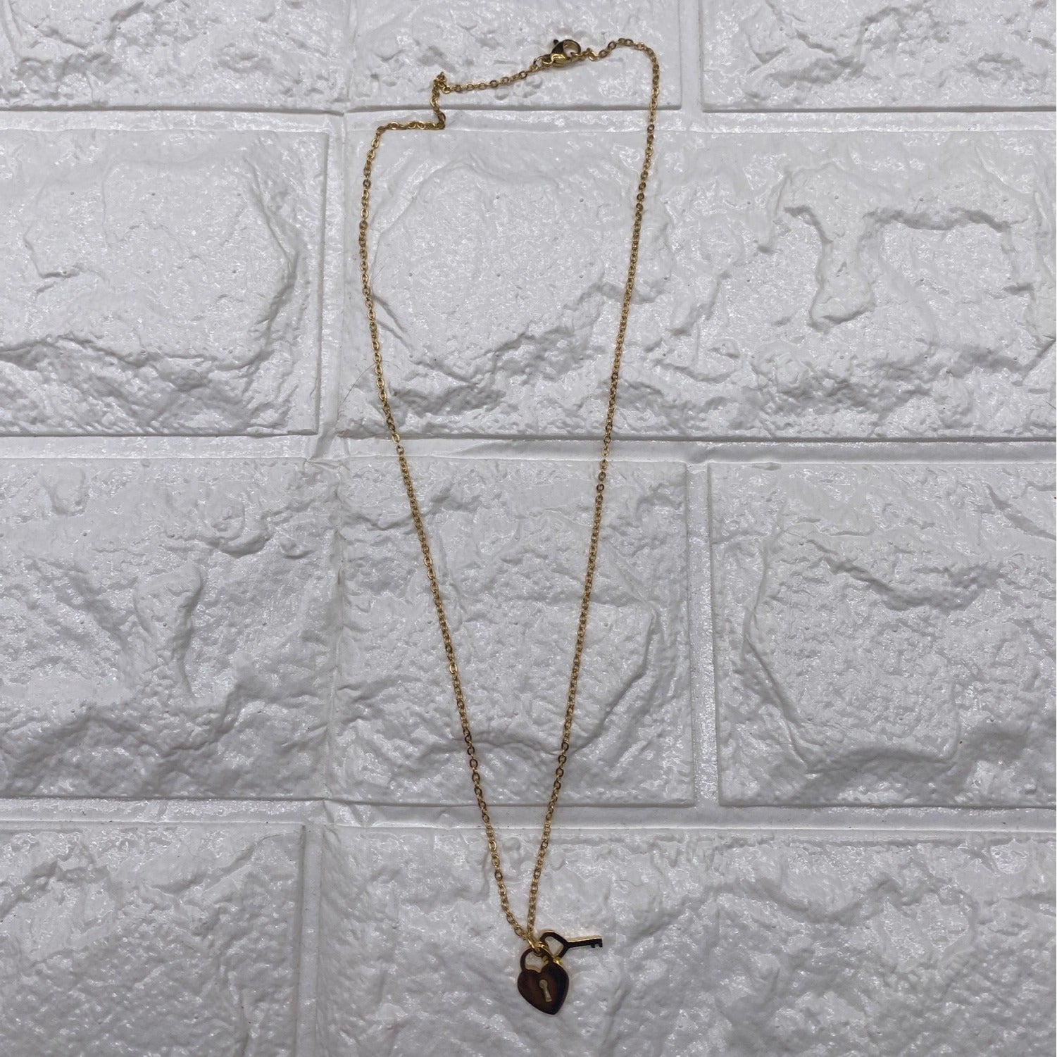 Mini Heart & Lock Chain Necklace Gold Tone Titanium Steel Adjustable