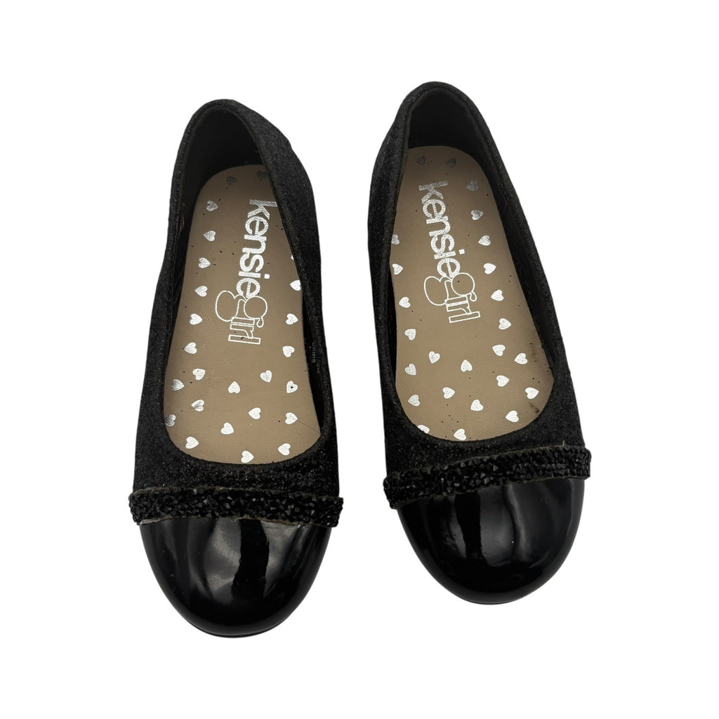 Kensie Girl Black Glitter Ballet Flats Patent Cap Toe & Rhinestone Strap Size 11