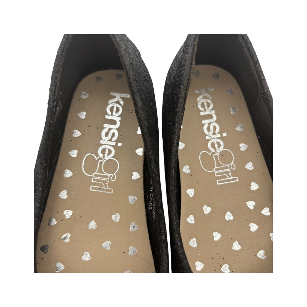 Kensie Girl Black Glitter Ballet Flats Patent Cap Toe & Rhinestone Strap Size 11
