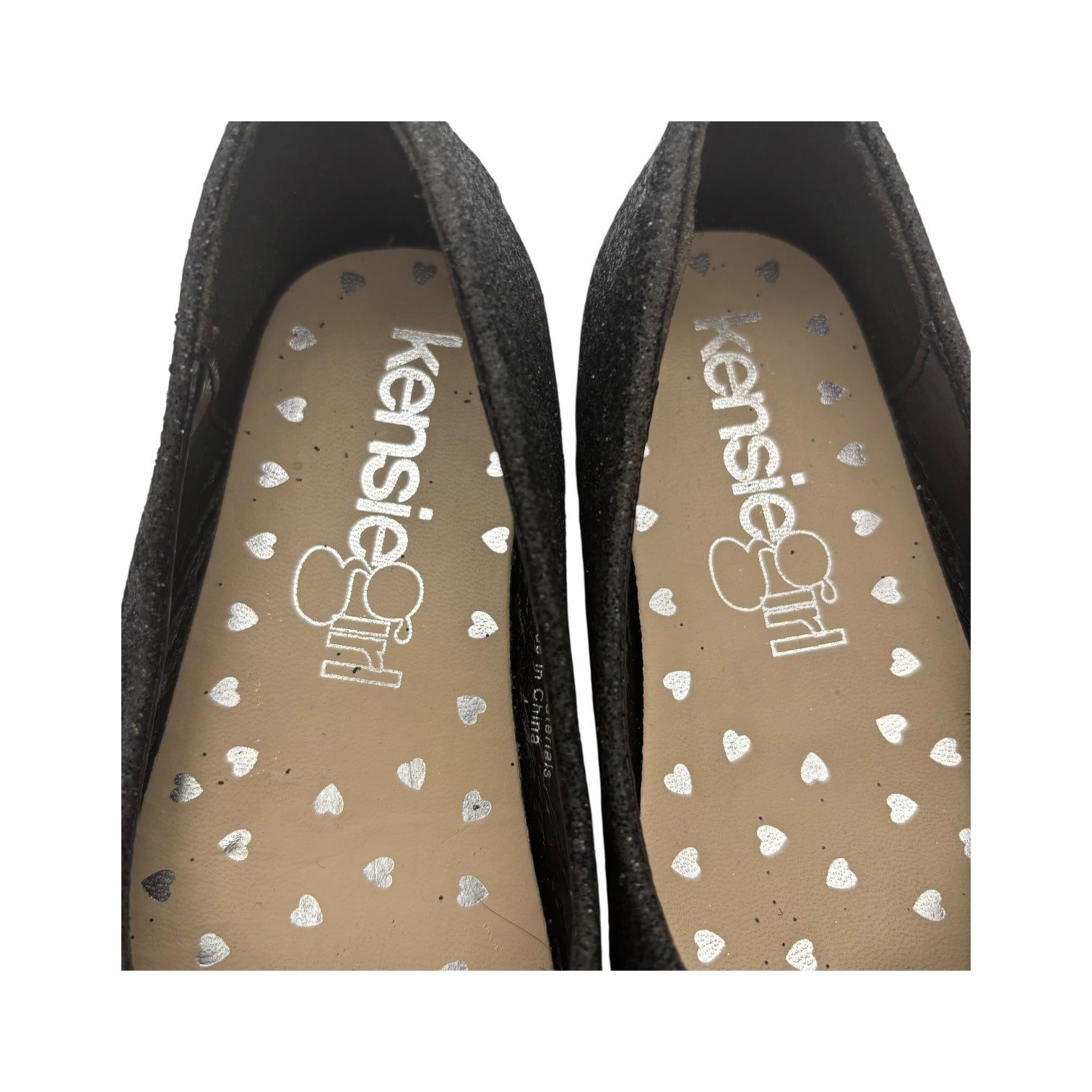 Kensie Girl Black Glitter Ballet Flats Patent Cap Toe & Rhinestone Strap Size 11