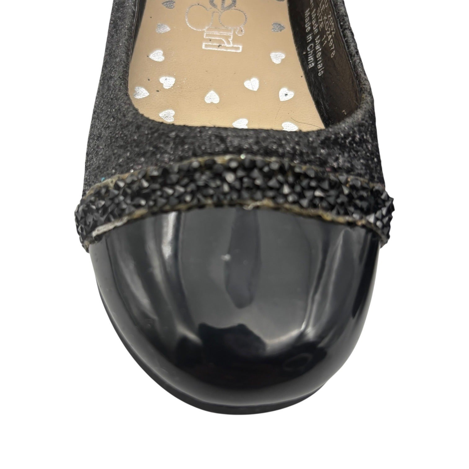 Kensie Girl Black Glitter Ballet Flats Patent Cap Toe & Rhinestone Strap Size 11
