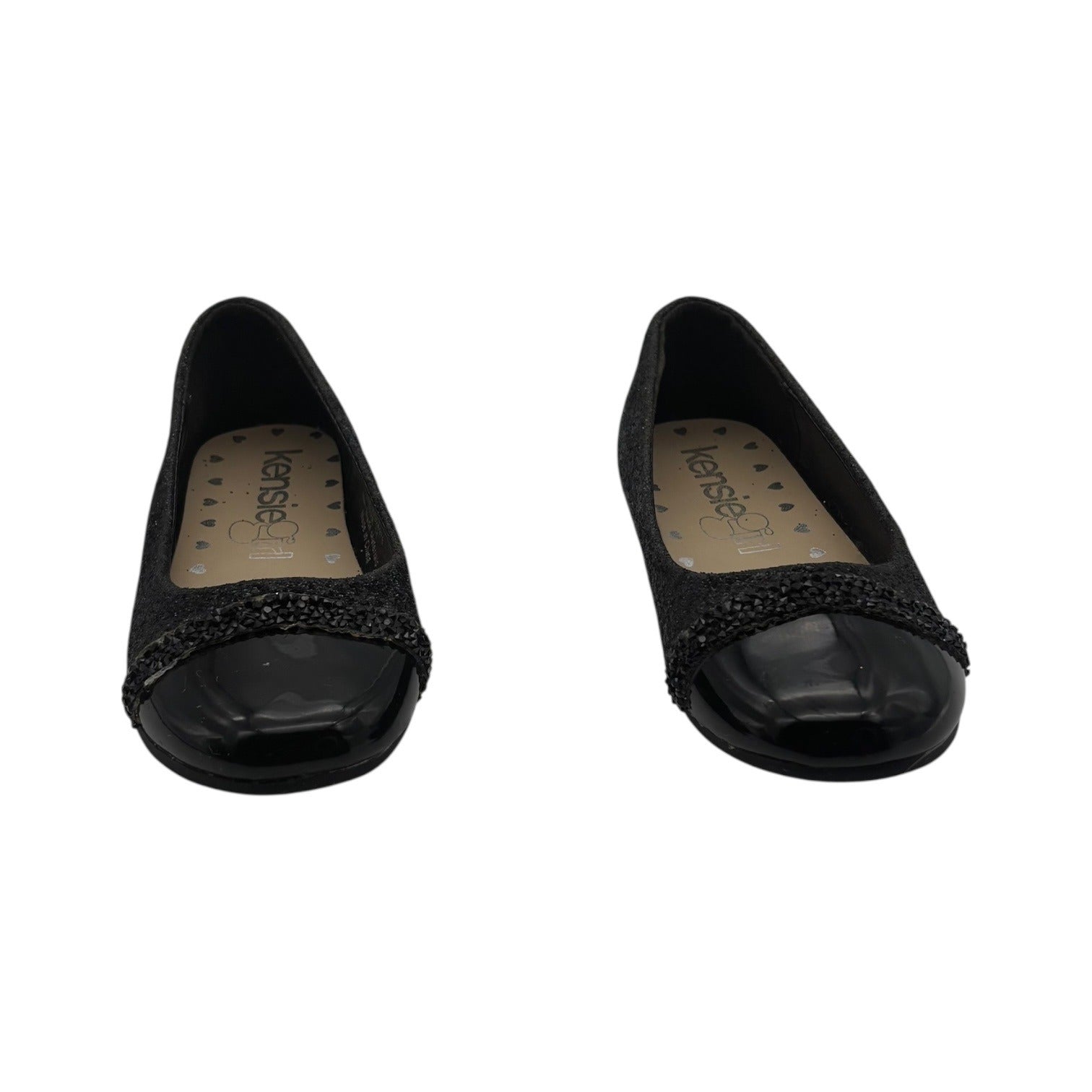 Kensie Girl Black Glitter Ballet Flats Patent Cap Toe & Rhinestone Strap Size 11