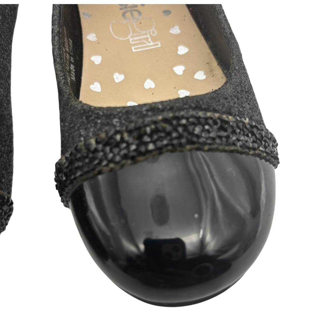 Kensie Girl Black Glitter Ballet Flats Patent Cap Toe & Rhinestone Strap Size 11