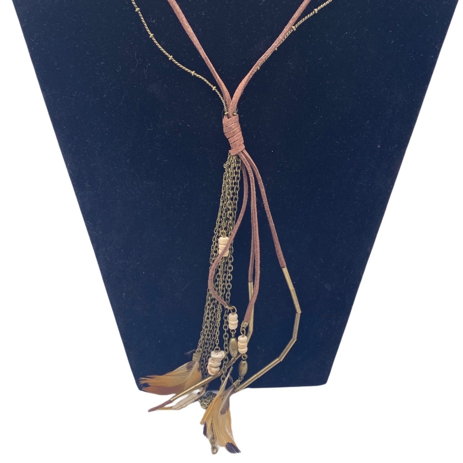 Target Brown Chains Feather Beads Southwestern Boho Necklace 28” Long Layered