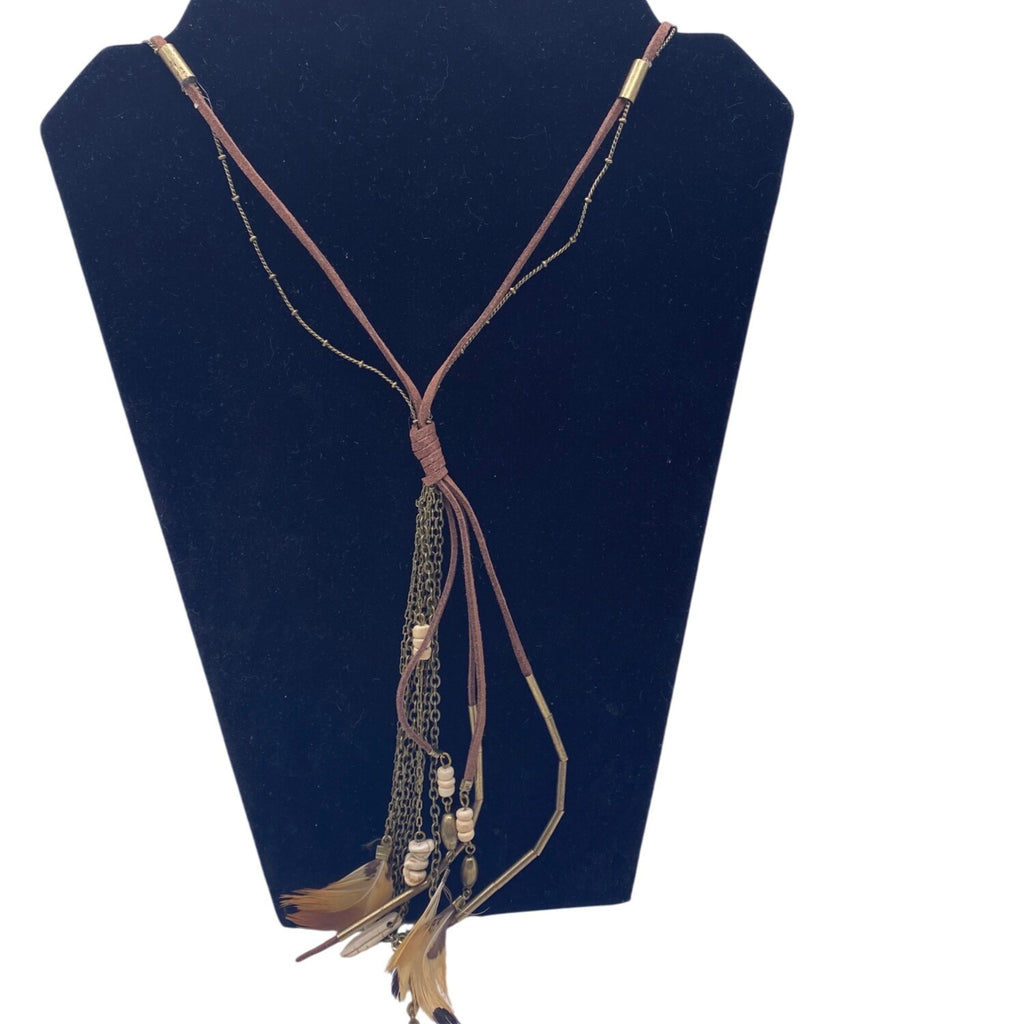 Target Brown Chains Feather Beads Southwestern Boho Necklace 28” Long Layered