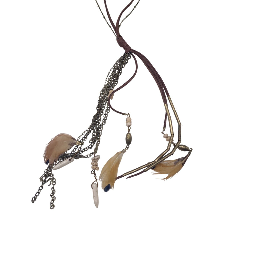 Target Brown Chains Feather Beads Southwestern Boho Necklace 28” Long Layered