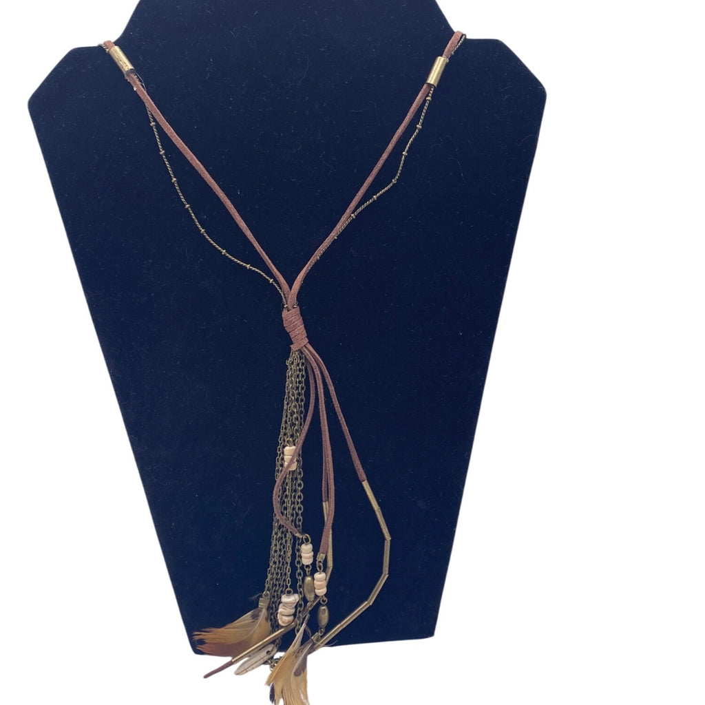 Target Brown Chains Feather Beads Southwestern Boho Necklace 28” Long Layered