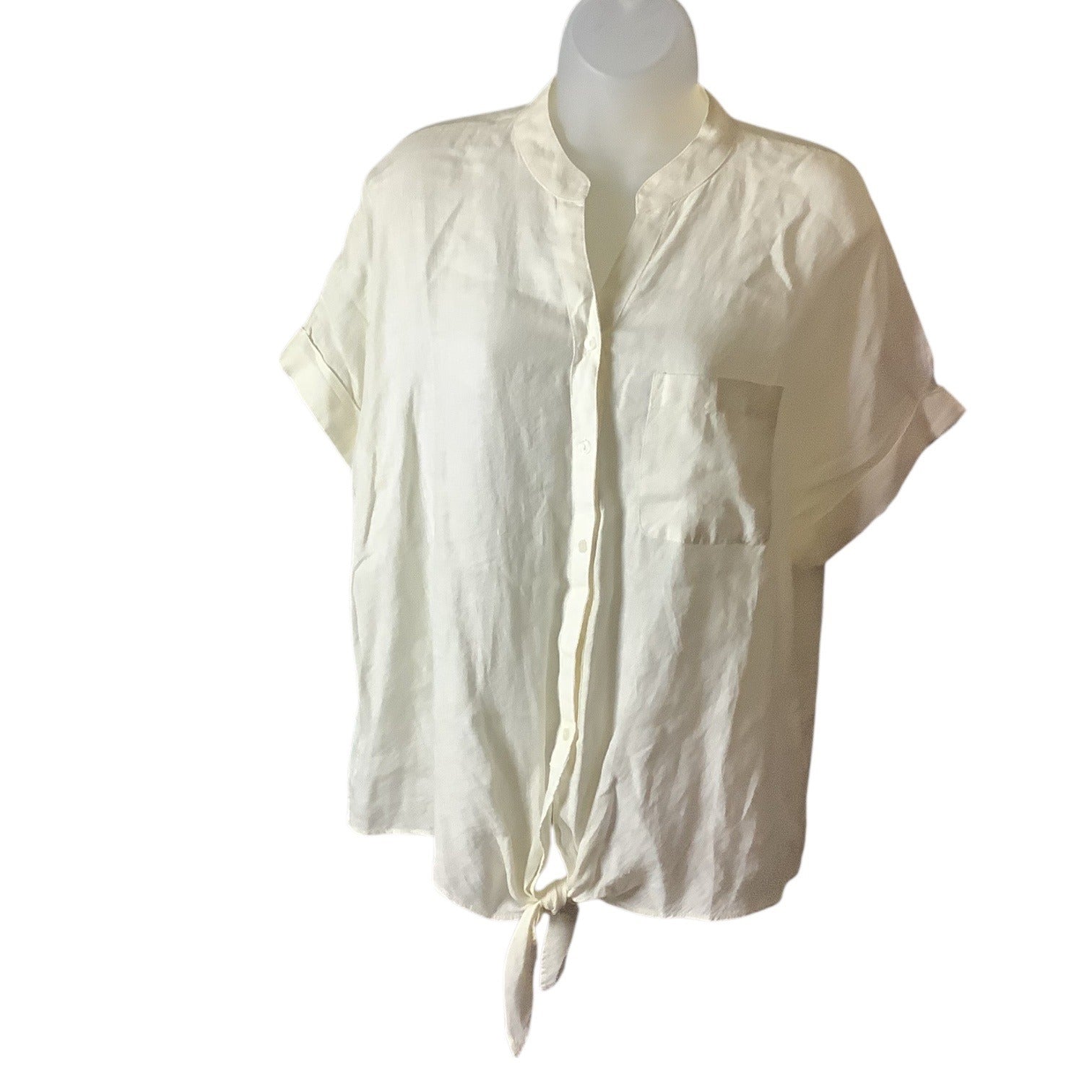 Charter Club Women’s White Linen Button Front Tie Hem Shirt Size M Collarless