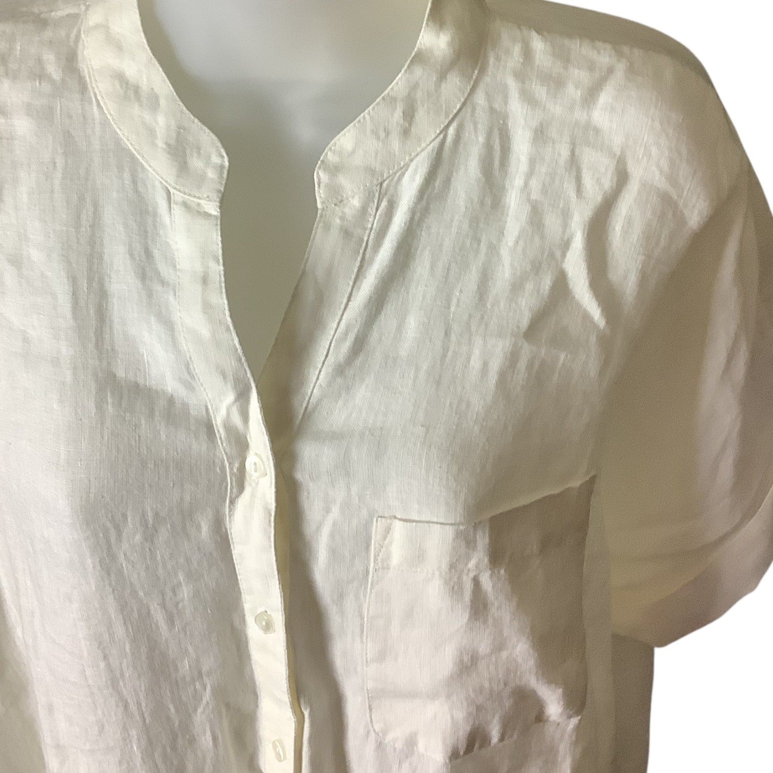 Charter Club Women’s White Linen Button Front Tie Hem Shirt Size M Collarless