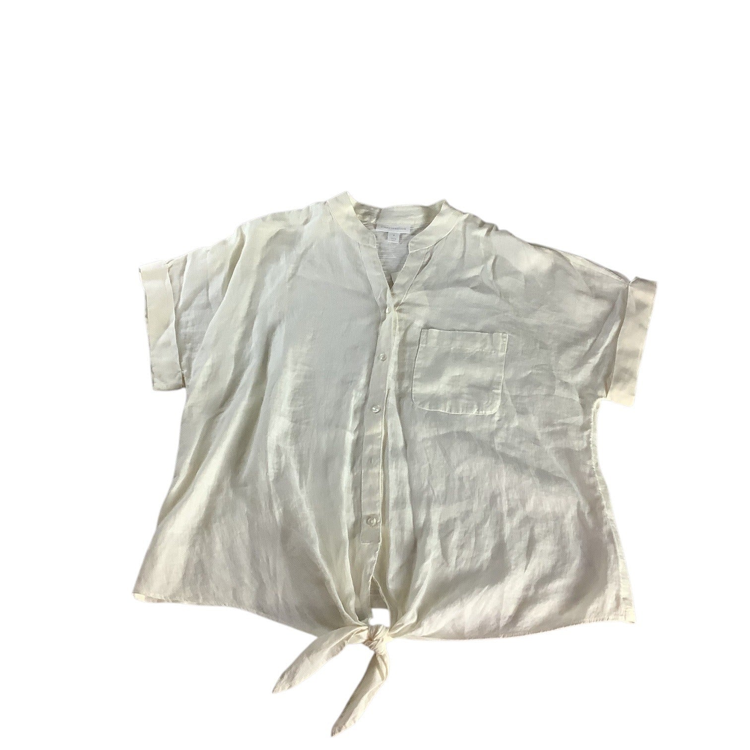 Charter Club Women’s White Linen Button Front Tie Hem Shirt Size M Collarless