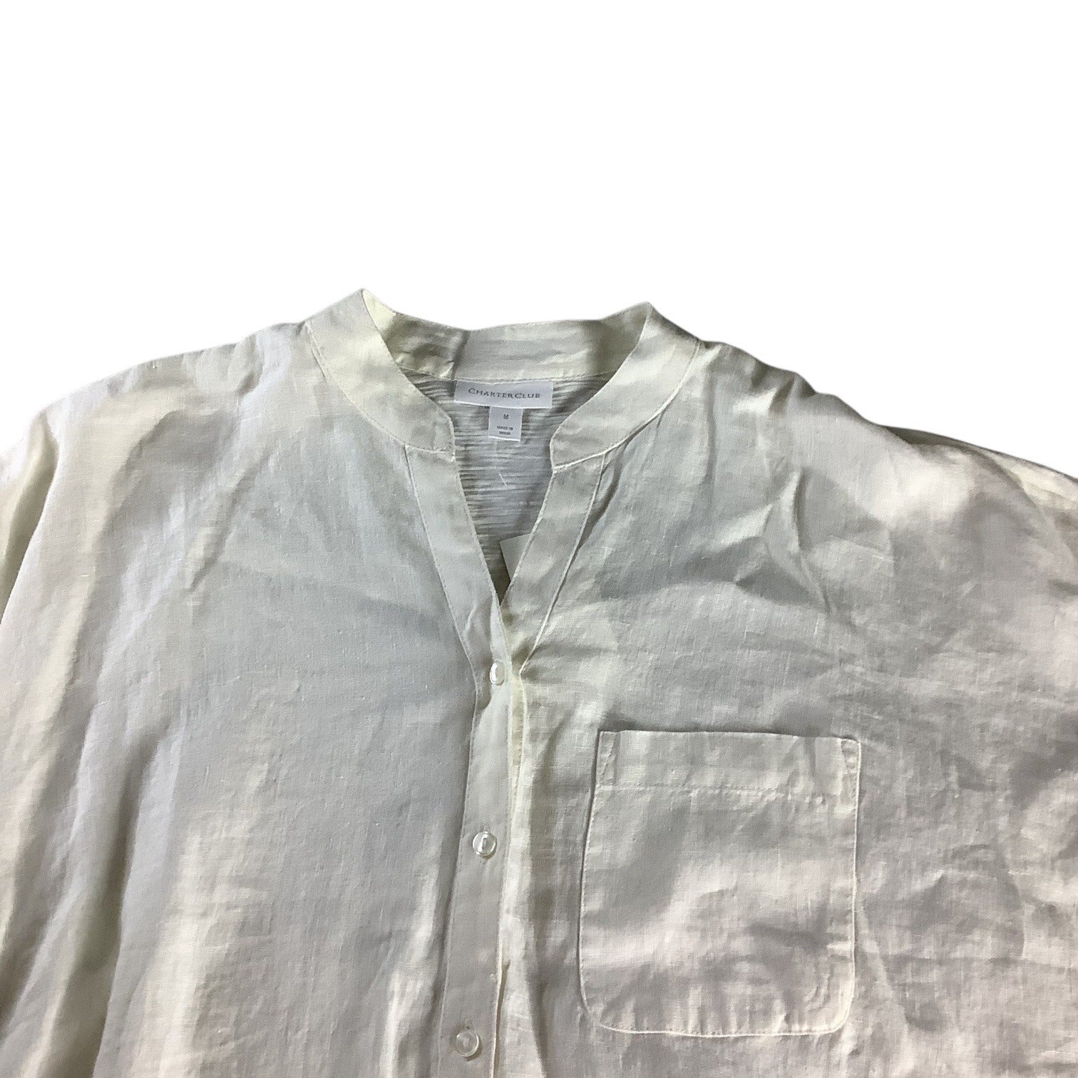 Charter Club Women’s White Linen Button Front Tie Hem Shirt Size M Collarless