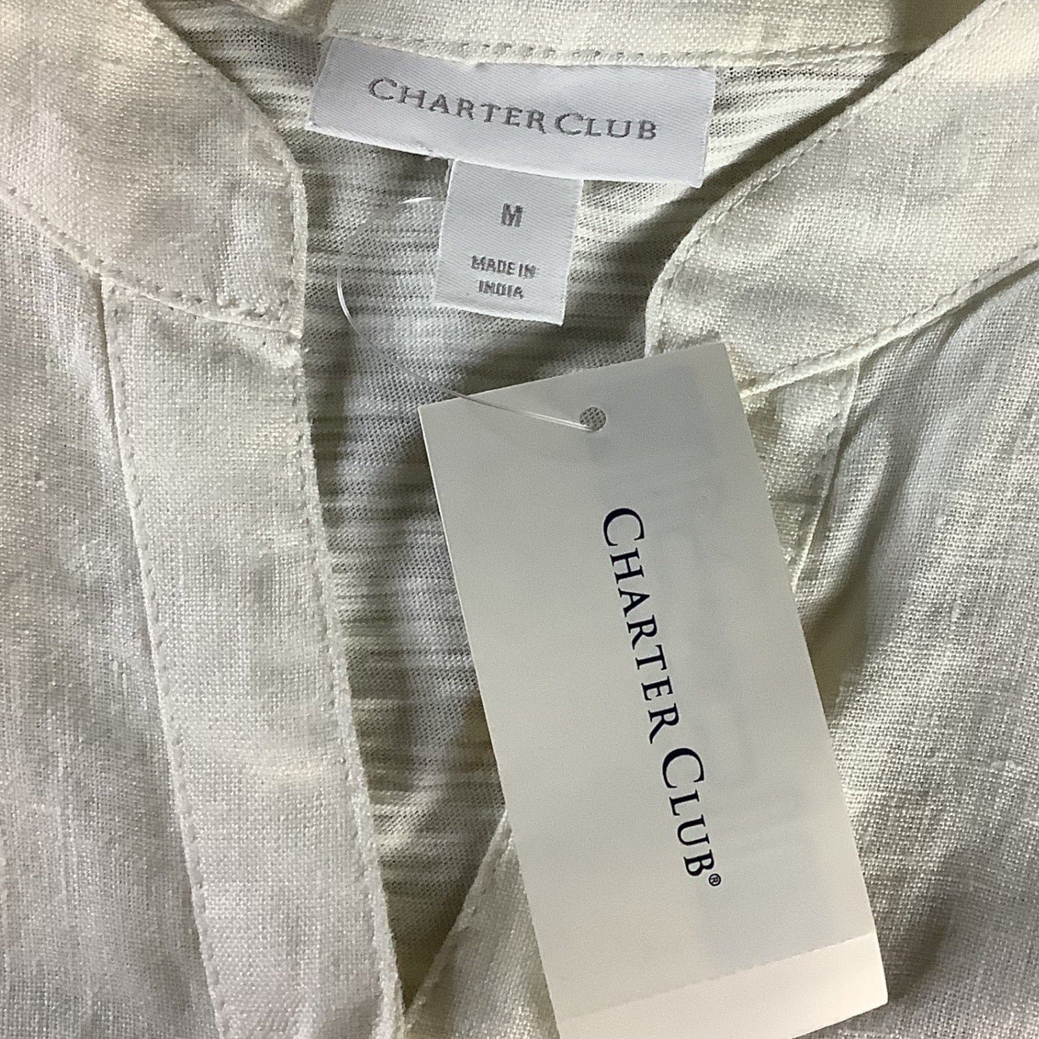Charter Club Women’s White Linen Button Front Tie Hem Shirt Size M Collarless