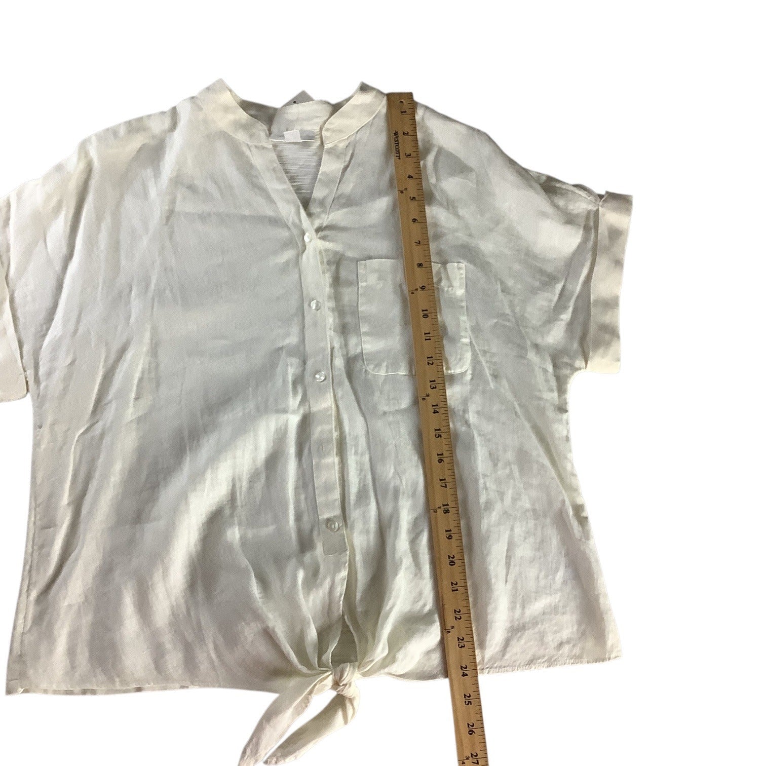 Charter Club Women’s White Linen Button Front Tie Hem Shirt Size M Collarless