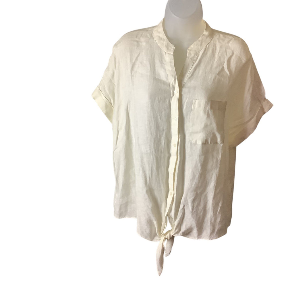 Charter Club Women’s White Linen Button Front Tie Hem Shirt Size M Collarless