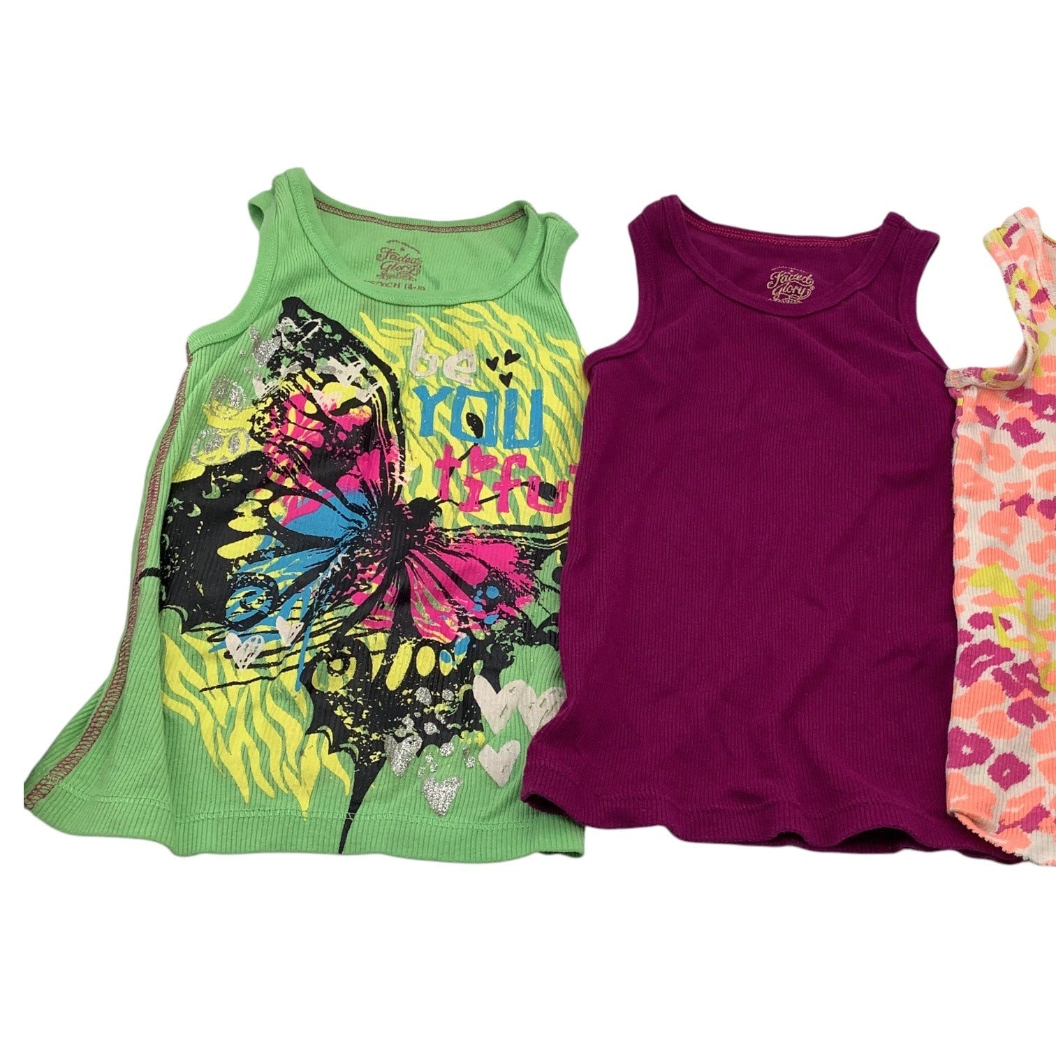 Lot Of 3 Girls Size XS 4-5 Tank Tops Green Purple Pink Butterfly & Leopard Print