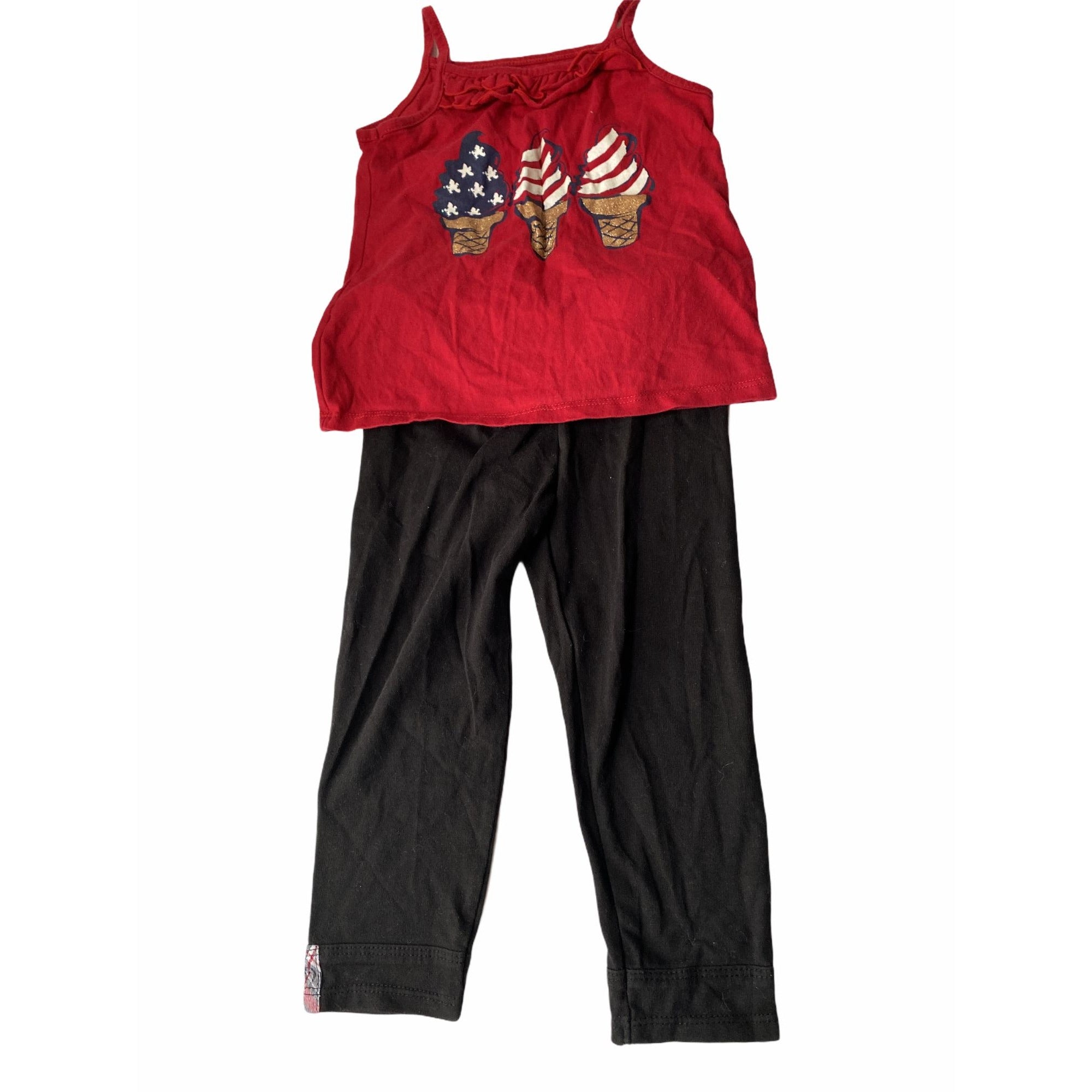 Healthtex Toddler Girls Sz 3T Outfit Red Tank Top Black Pants Ice Cream Graphic