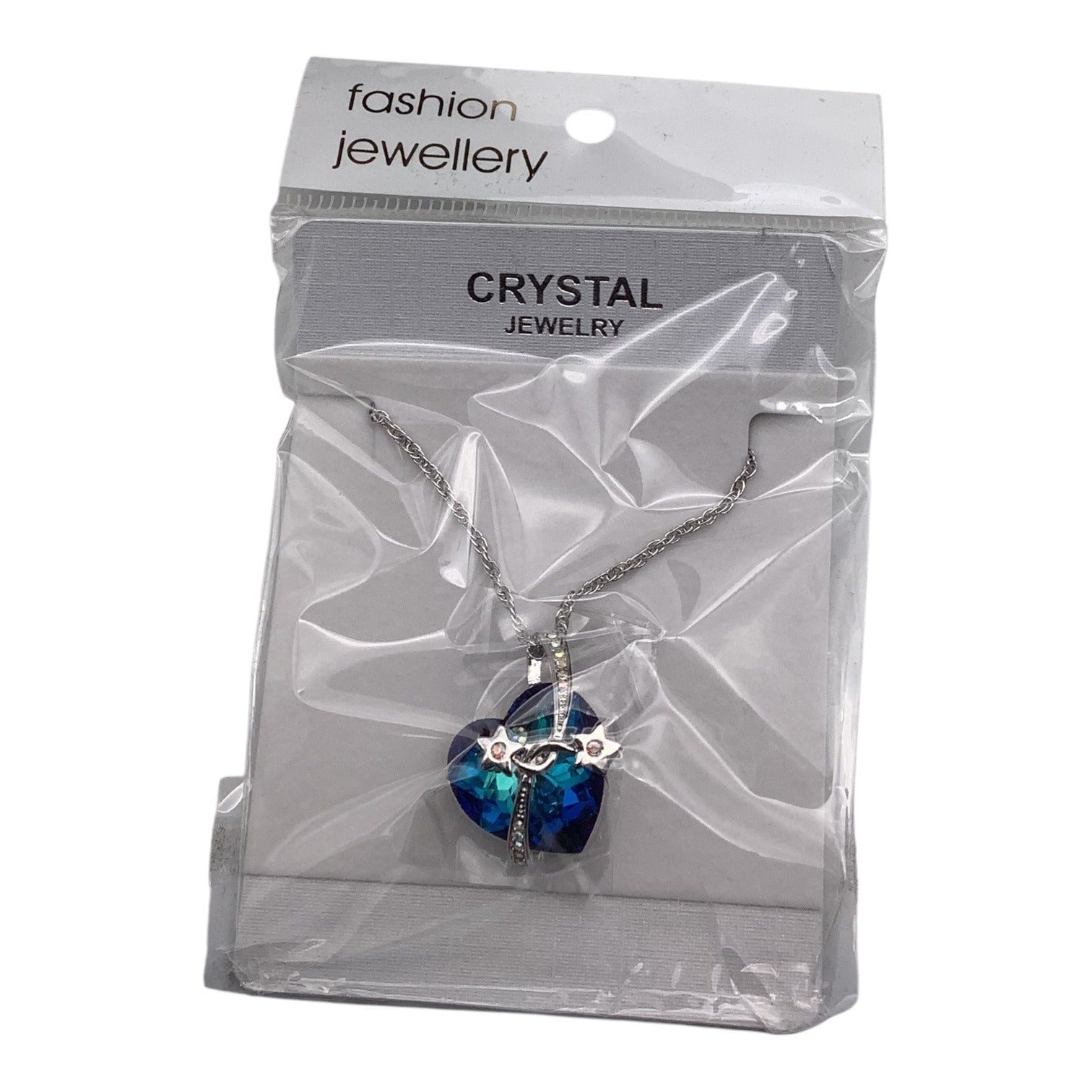 Blue Swarovski Crystal Heart Necklace W/ Silver Stars Pendant Adjustable Chain