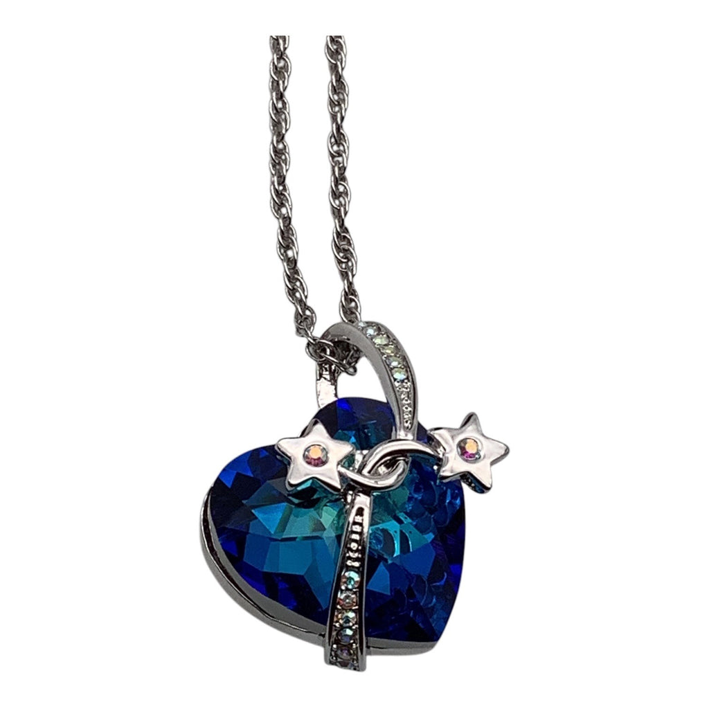 Blue Swarovski Crystal Heart Necklace W/ Silver Stars Pendant Adjustable Chain