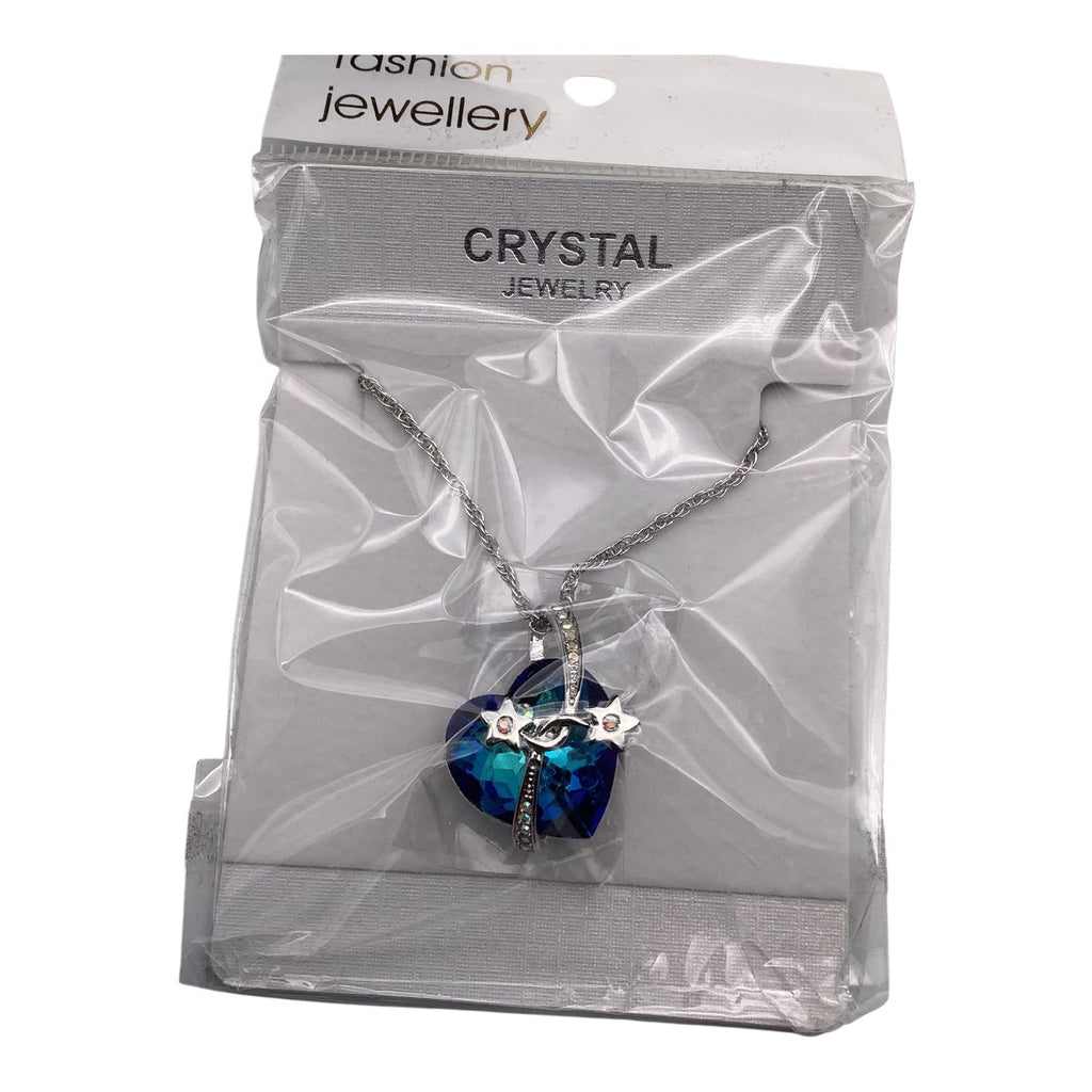 Blue Swarovski Crystal Heart Necklace W/ Silver Stars Pendant Adjustable Chain