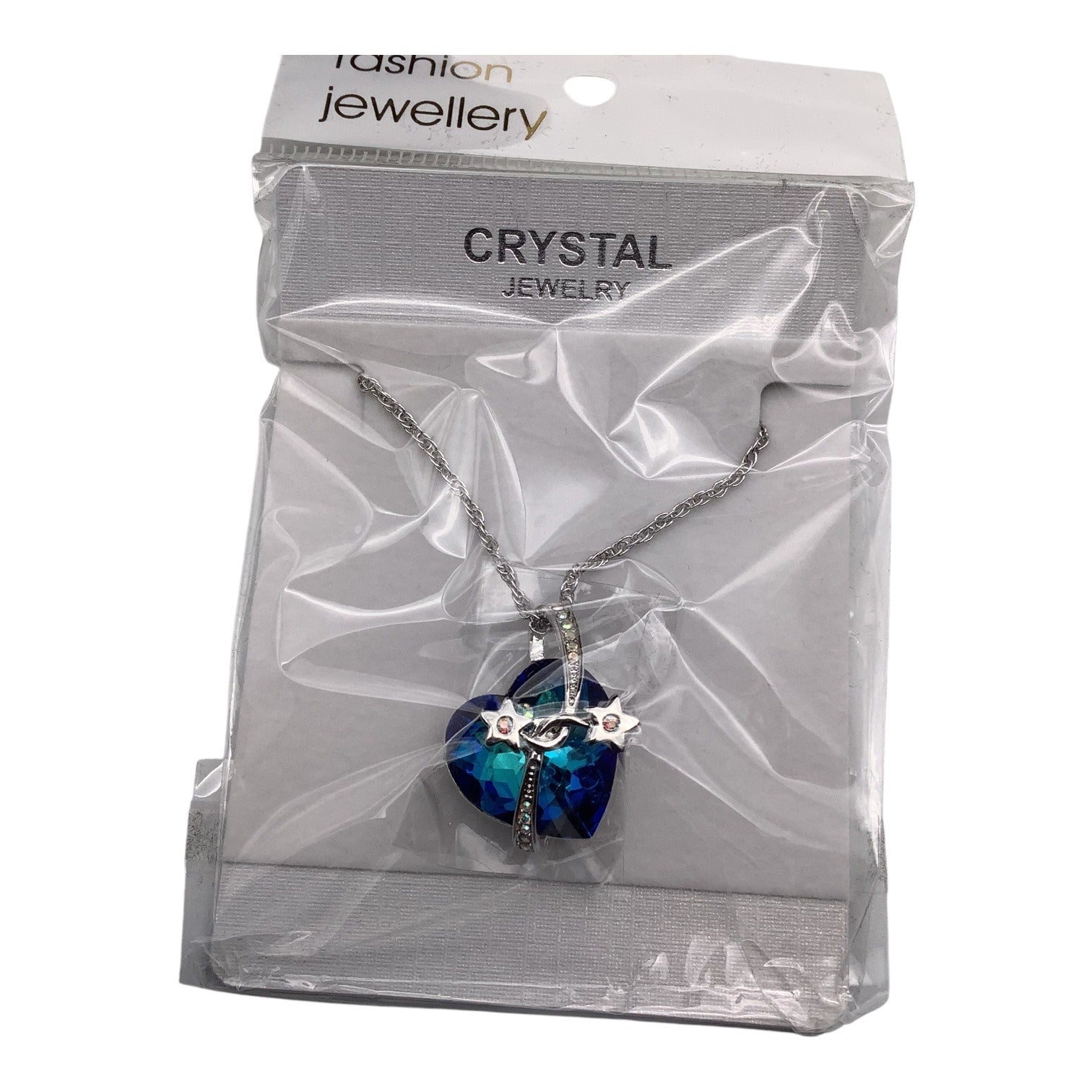 Blue Swarovski Crystal Heart Necklace W/ Silver Stars Pendant Adjustable Chain