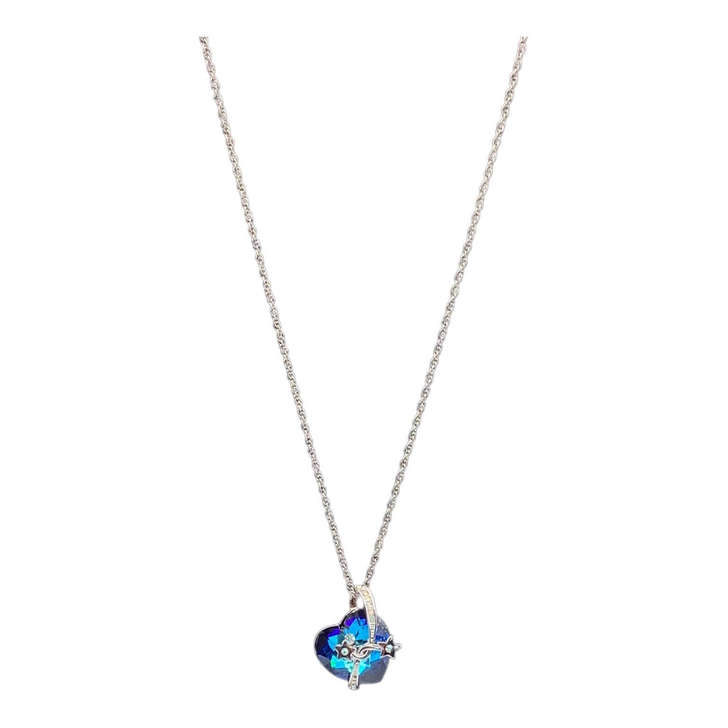 Blue Swarovski Crystal Heart Necklace W/ Silver Stars Pendant Adjustable Chain