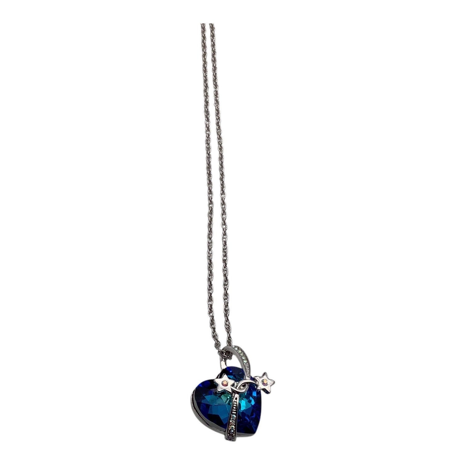 Blue Swarovski Crystal Heart Necklace W/ Silver Stars Pendant Adjustable Chain