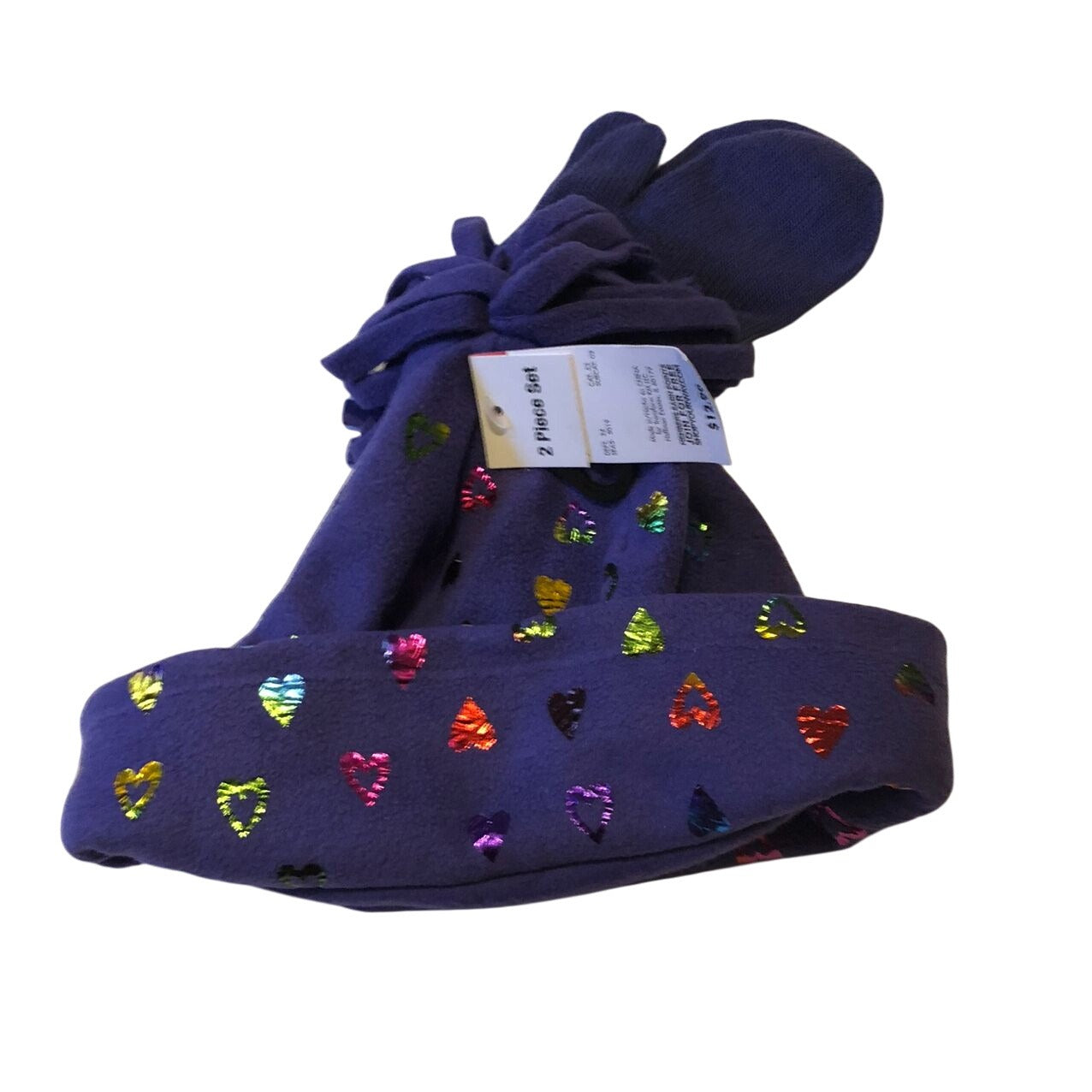 Basic Editions Girls Winter Fleece Hat & Mitten Set Purple Multicolor Hearts