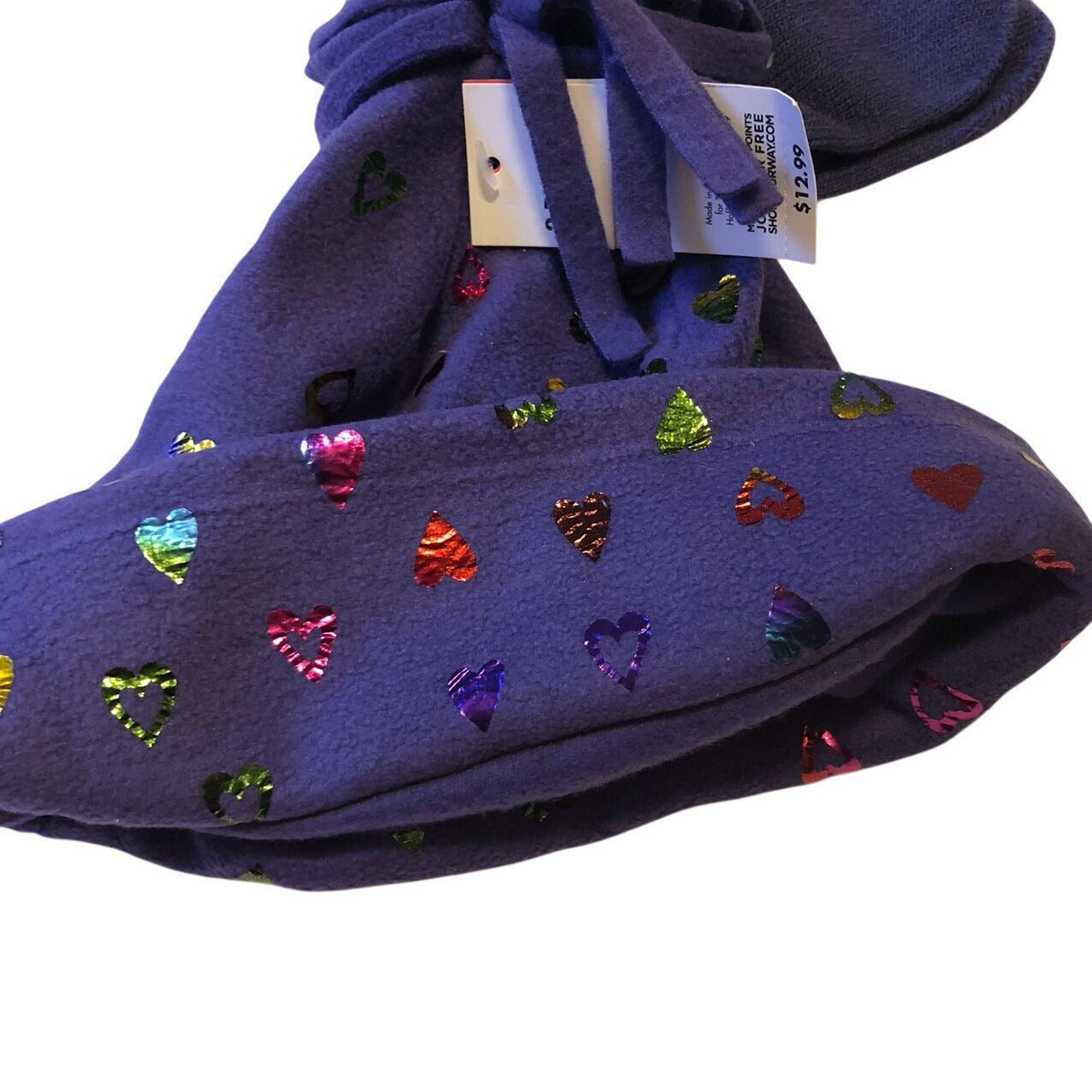 Basic Editions Girls Winter Fleece Hat & Mitten Set Purple Multicolor Hearts