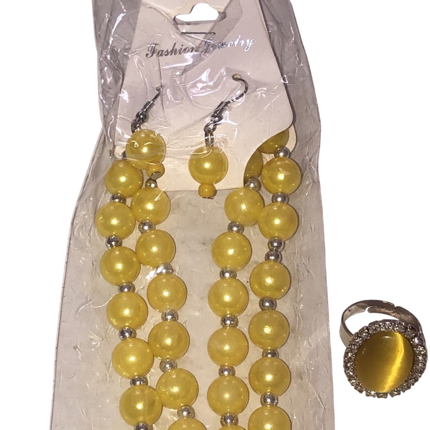 Fashion Jewelry Yellow Bead Necklace Set With Matching Ring & Earrings