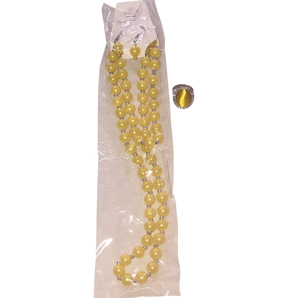 Fashion Jewelry Yellow Bead Necklace Set With Matching Ring & Earrings