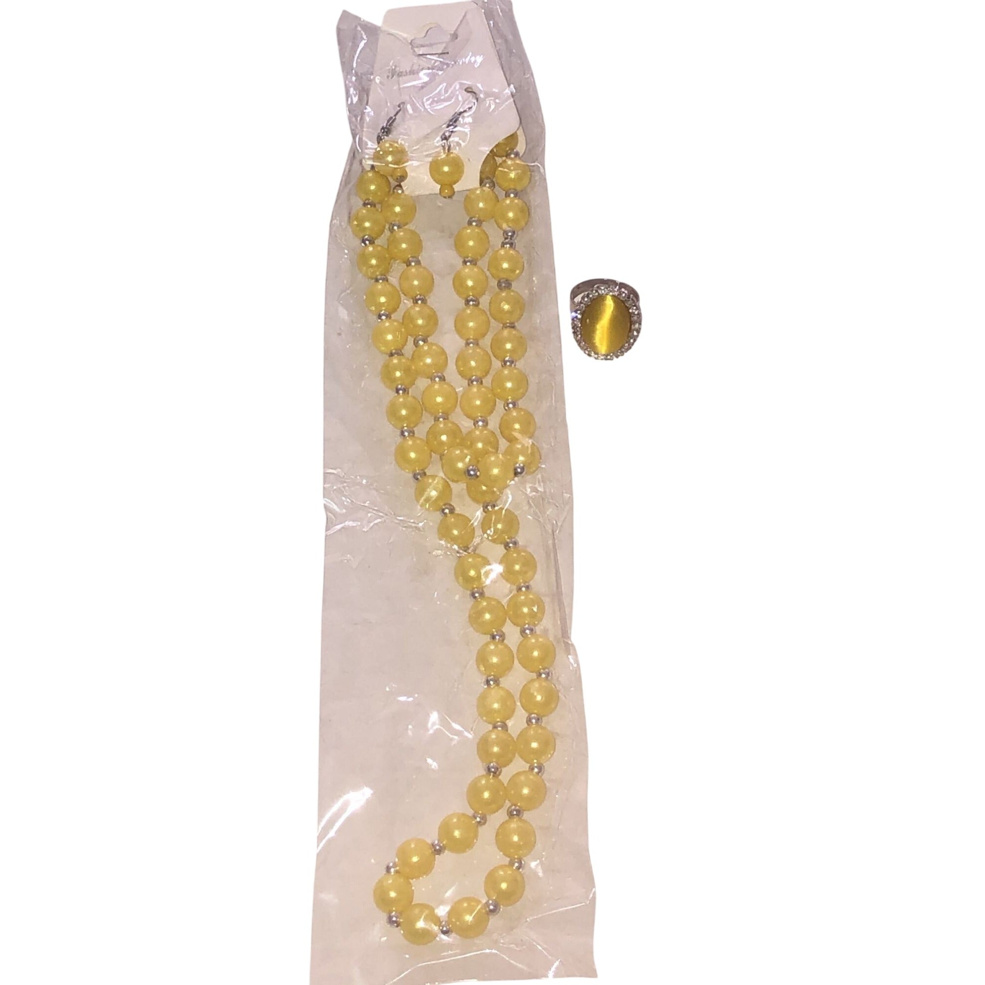 Fashion Jewelry Yellow Bead Necklace Set With Matching Ring & Earrings